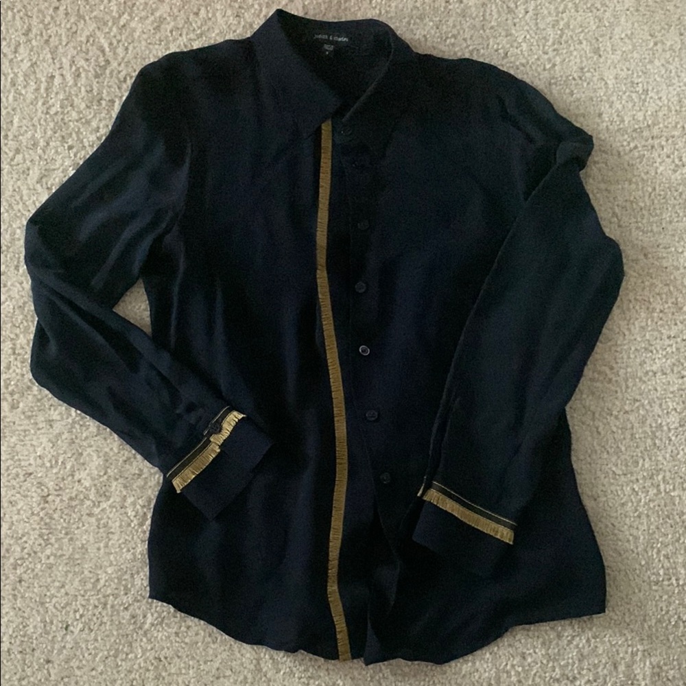 Judith & Charles 100% silk designer Black Blouse with Gold Trim